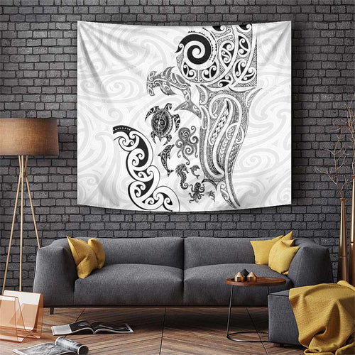 New Zealand Sea Animals with Maori Tribal Tattoo Tapestry White Color