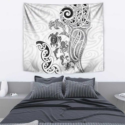 New Zealand Sea Animals with Maori Tribal Tattoo Tapestry White Color