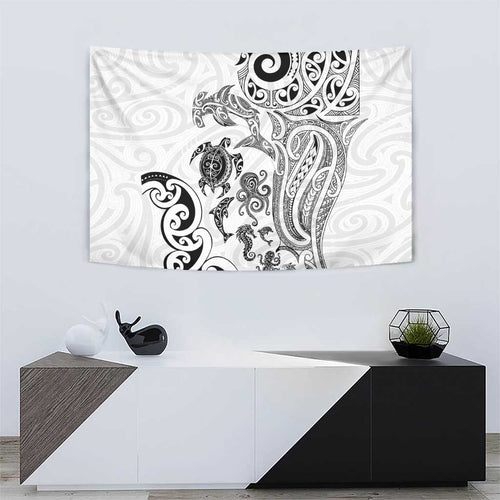 New Zealand Sea Animals with Maori Tribal Tattoo Tapestry White Color