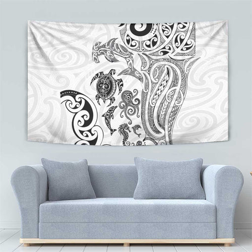 New Zealand Sea Animals with Maori Tribal Tattoo Tapestry White Color