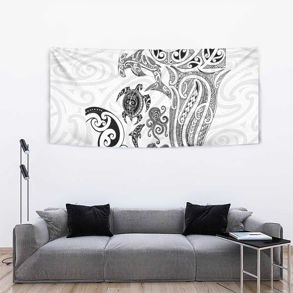 New Zealand Sea Animals with Maori Tribal Tattoo Tapestry White Color