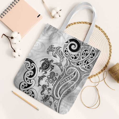 New Zealand Sea Animals with Maori Tribal Tattoo Tote Bag White Color