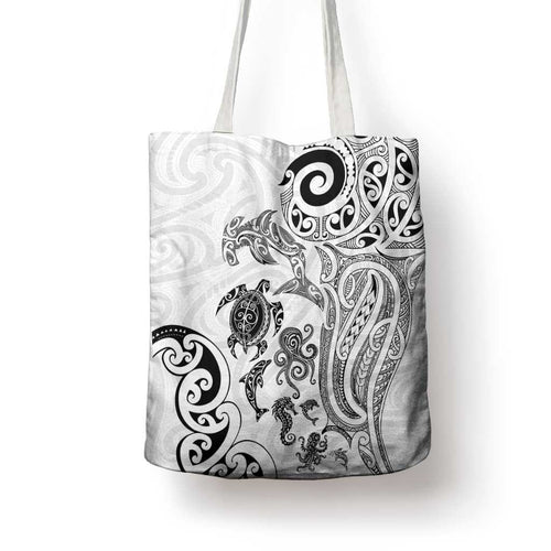New Zealand Sea Animals with Maori Tribal Tattoo Tote Bag White Color