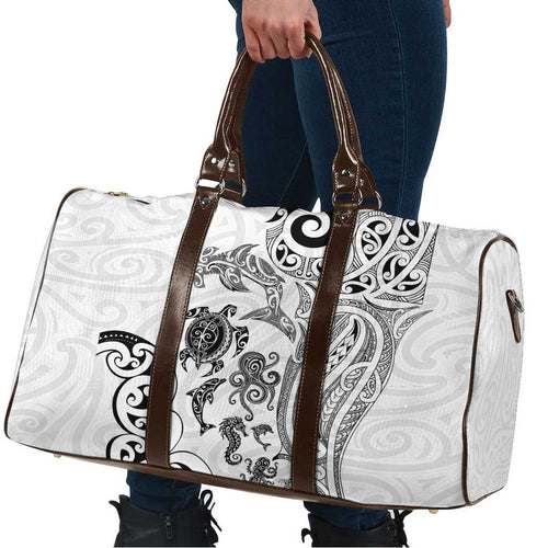 New Zealand Sea Animals with Maori Tribal Tattoo Travel Bag White Color