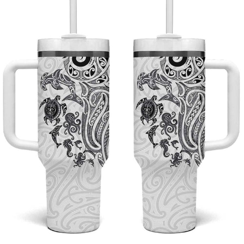 New Zealand Sea Animals with Maori Tribal Tattoo Tumbler With Handle White Color