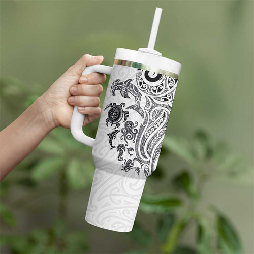New Zealand Sea Animals with Maori Tribal Tattoo Tumbler With Handle White Color