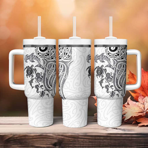 New Zealand Sea Animals with Maori Tribal Tattoo Tumbler With Handle White Color