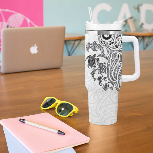 New Zealand Sea Animals with Maori Tribal Tattoo Tumbler With Handle White Color