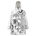 New Zealand Sea Animals with Maori Tribal Tattoo Wearable Blanket Hoodie White Color
