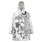 New Zealand Sea Animals with Maori Tribal Tattoo Wearable Blanket Hoodie White Color