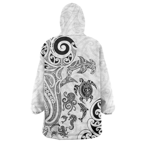 New Zealand Sea Animals with Maori Tribal Tattoo Wearable Blanket Hoodie White Color