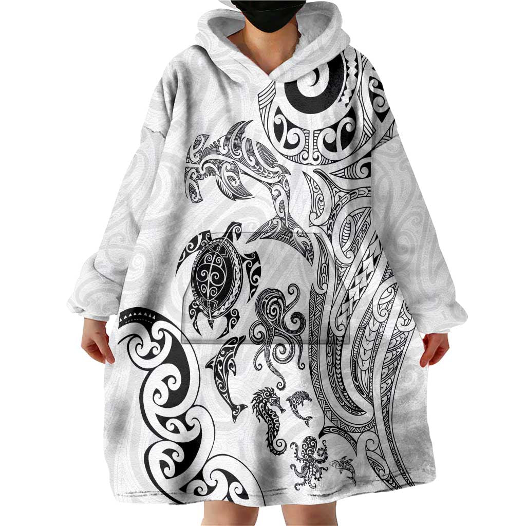 New Zealand Sea Animals with Maori Tribal Tattoo Wearable Blanket Hoodie White Color