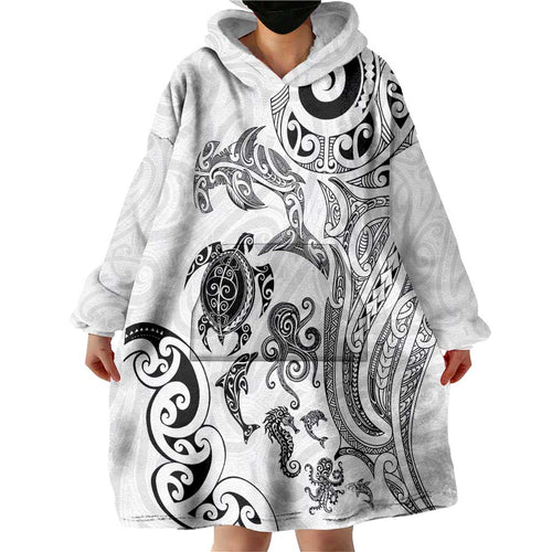 New Zealand Sea Animals with Maori Tribal Tattoo Wearable Blanket Hoodie White Color