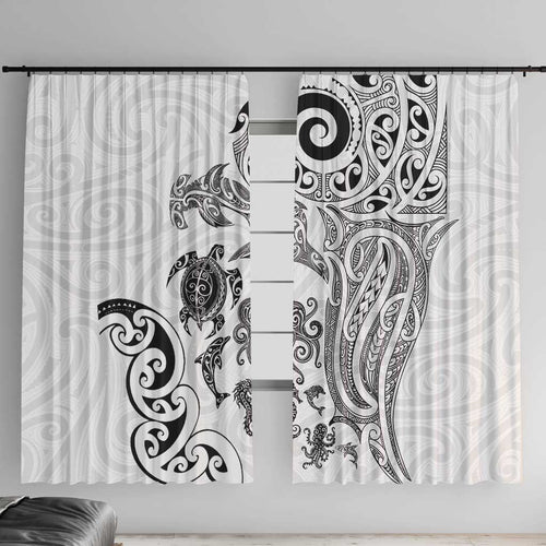 New Zealand Sea Animals with Maori Tribal Tattoo Window Curtain White Color