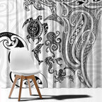 New Zealand Sea Animals with Maori Tribal Tattoo Window Curtain White Color