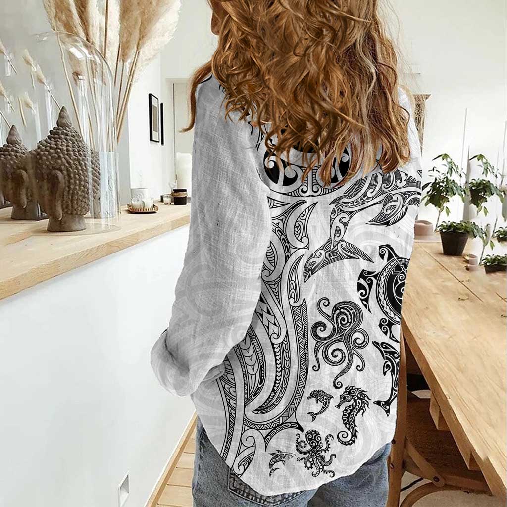 New Zealand Sea Animals with Maori Tribal Tattoo Women Casual Shirt White Color