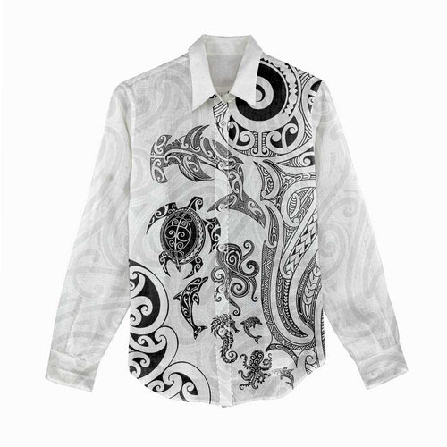 New Zealand Sea Animals with Maori Tribal Tattoo Women Casual Shirt White Color