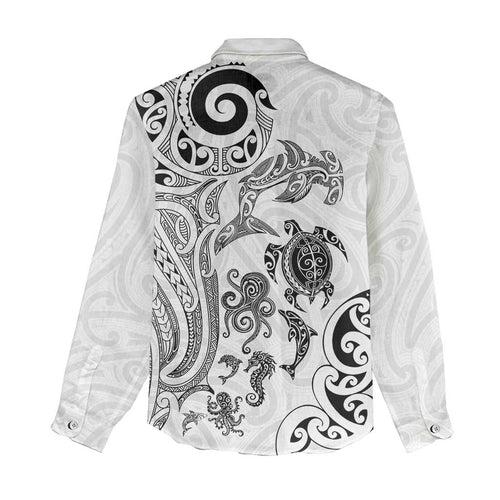 New Zealand Sea Animals with Maori Tribal Tattoo Women Casual Shirt White Color