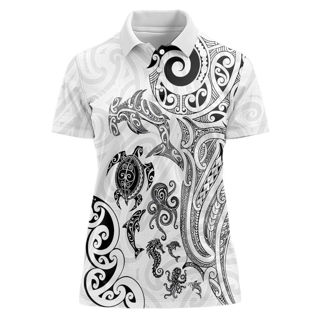 New Zealand Sea Animals with Maori Tribal Tattoo Women Polo Shirt White Color