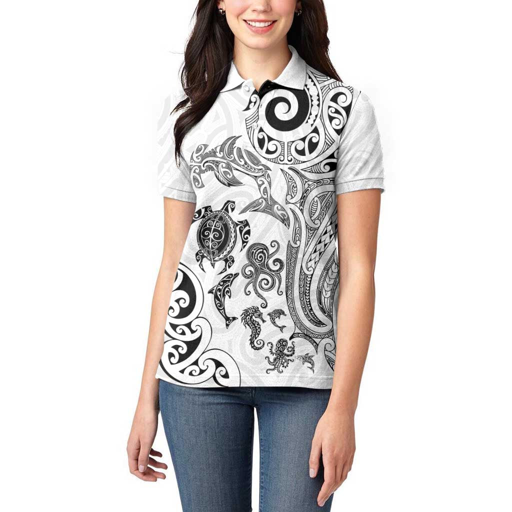 New Zealand Sea Animals with Maori Tribal Tattoo Women Polo Shirt White Color