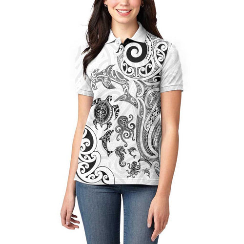 New Zealand Sea Animals with Maori Tribal Tattoo Women Polo Shirt White Color