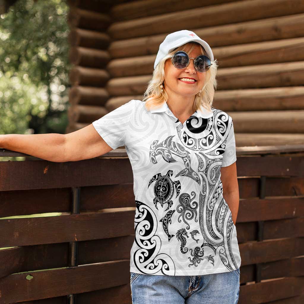New Zealand Sea Animals with Maori Tribal Tattoo Women Polo Shirt White Color