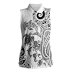 New Zealand Sea Animals with Maori Tribal Tattoo Women Sleeveless Polo Shirt White Color
