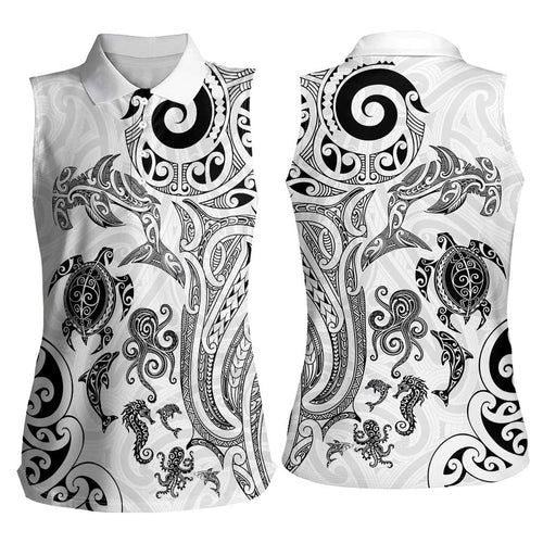 New Zealand Sea Animals with Maori Tribal Tattoo Women Sleeveless Polo Shirt White Color