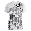 New Zealand Sea Animals with Maori Tribal Tattoo Women V-Neck T-Shirt White Color