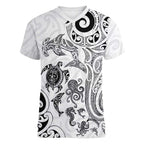 New Zealand Sea Animals with Maori Tribal Tattoo Women V-Neck T-Shirt White Color