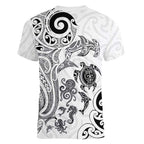 New Zealand Sea Animals with Maori Tribal Tattoo Women V-Neck T-Shirt White Color