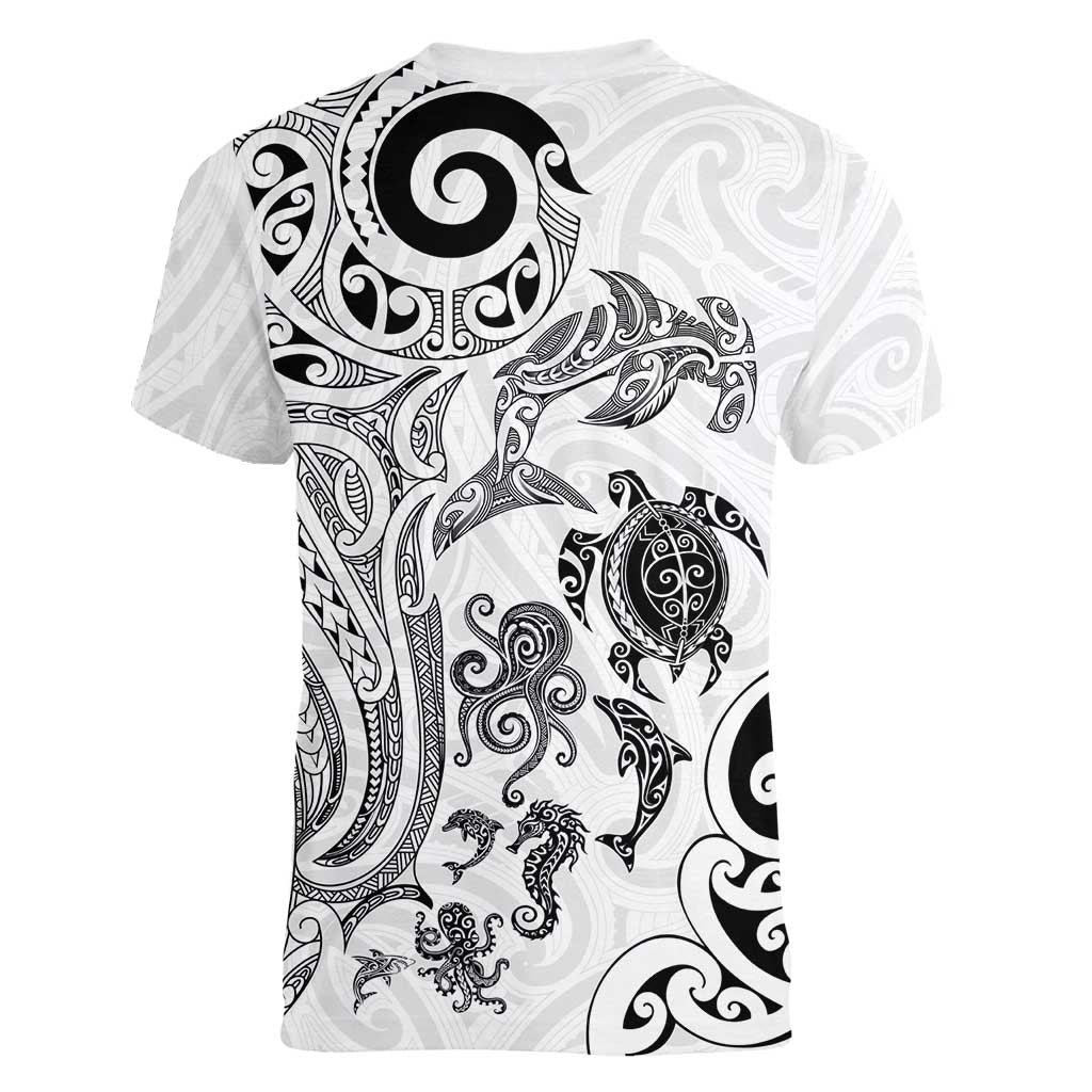 New Zealand Sea Animals with Maori Tribal Tattoo Women V-Neck T-Shirt White Color