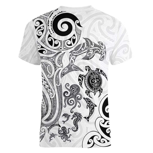 New Zealand Sea Animals with Maori Tribal Tattoo Women V-Neck T-Shirt White Color