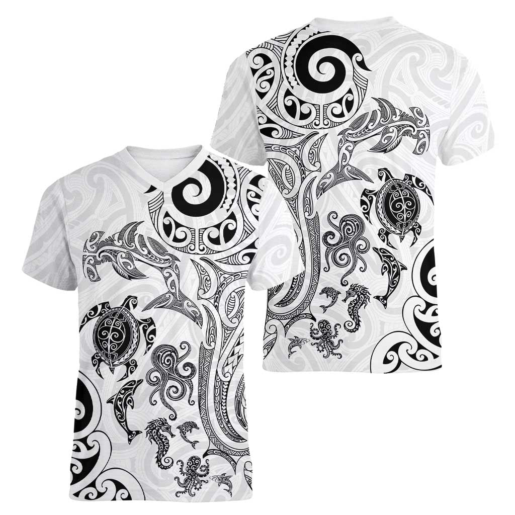 New Zealand Sea Animals with Maori Tribal Tattoo Women V-Neck T-Shirt White Color