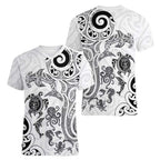 New Zealand Sea Animals with Maori Tribal Tattoo Women V-Neck T-Shirt White Color