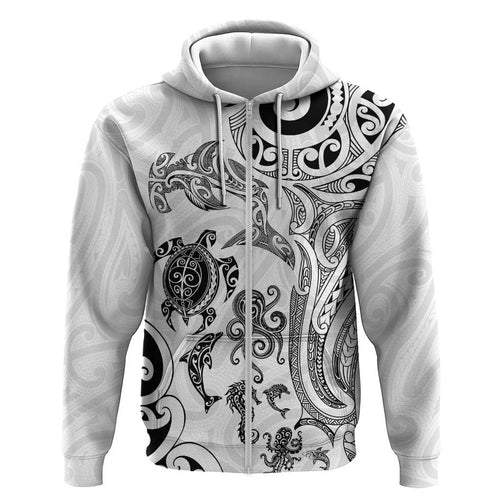 New Zealand Sea Animals with Maori Tribal Tattoo Zip Hoodie White Color