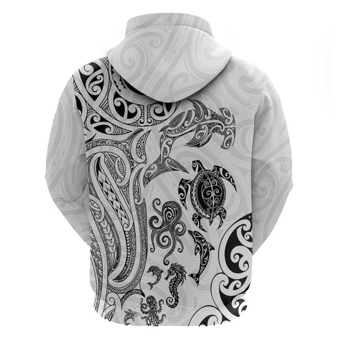 New Zealand Sea Animals with Maori Tribal Tattoo Zip Hoodie White Color