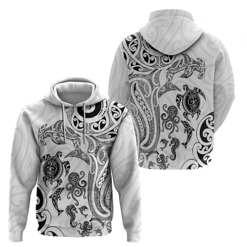 New Zealand Sea Animals with Maori Tribal Tattoo Zip Hoodie White Color