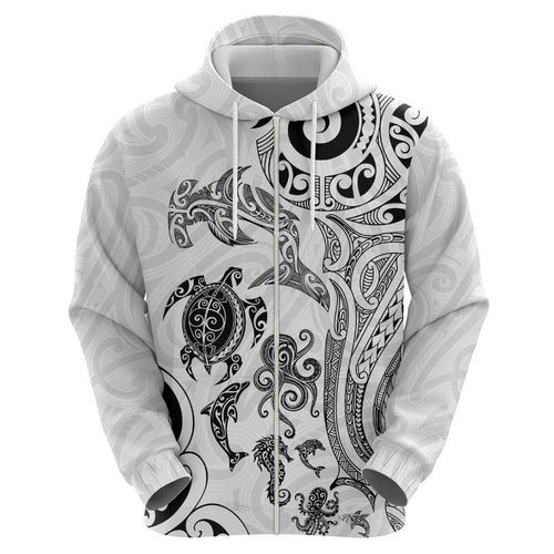 New Zealand Sea Animals with Maori Tribal Tattoo Zip Hoodie White Color