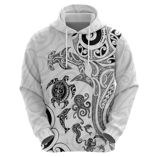New Zealand Sea Animals with Maori Tribal Tattoo Zip Hoodie White Color