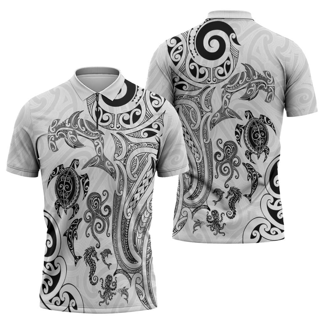 New Zealand Sea Animals with Maori Tribal Tattoo Zipper Polo Shirt White Color