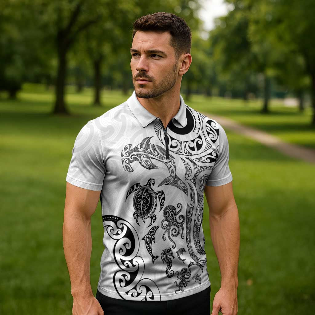 New Zealand Sea Animals with Maori Tribal Tattoo Zipper Polo Shirt White Color