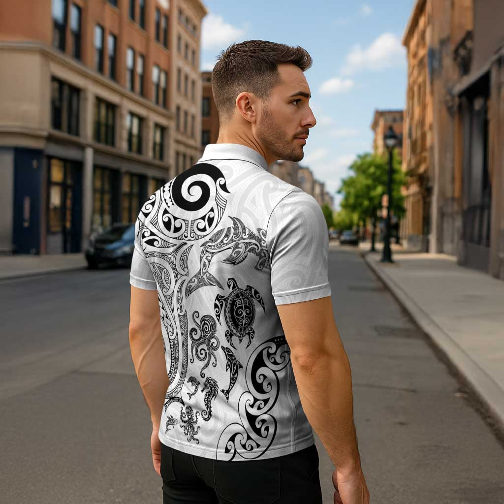 New Zealand Sea Animals with Maori Tribal Tattoo Zipper Polo Shirt White Color