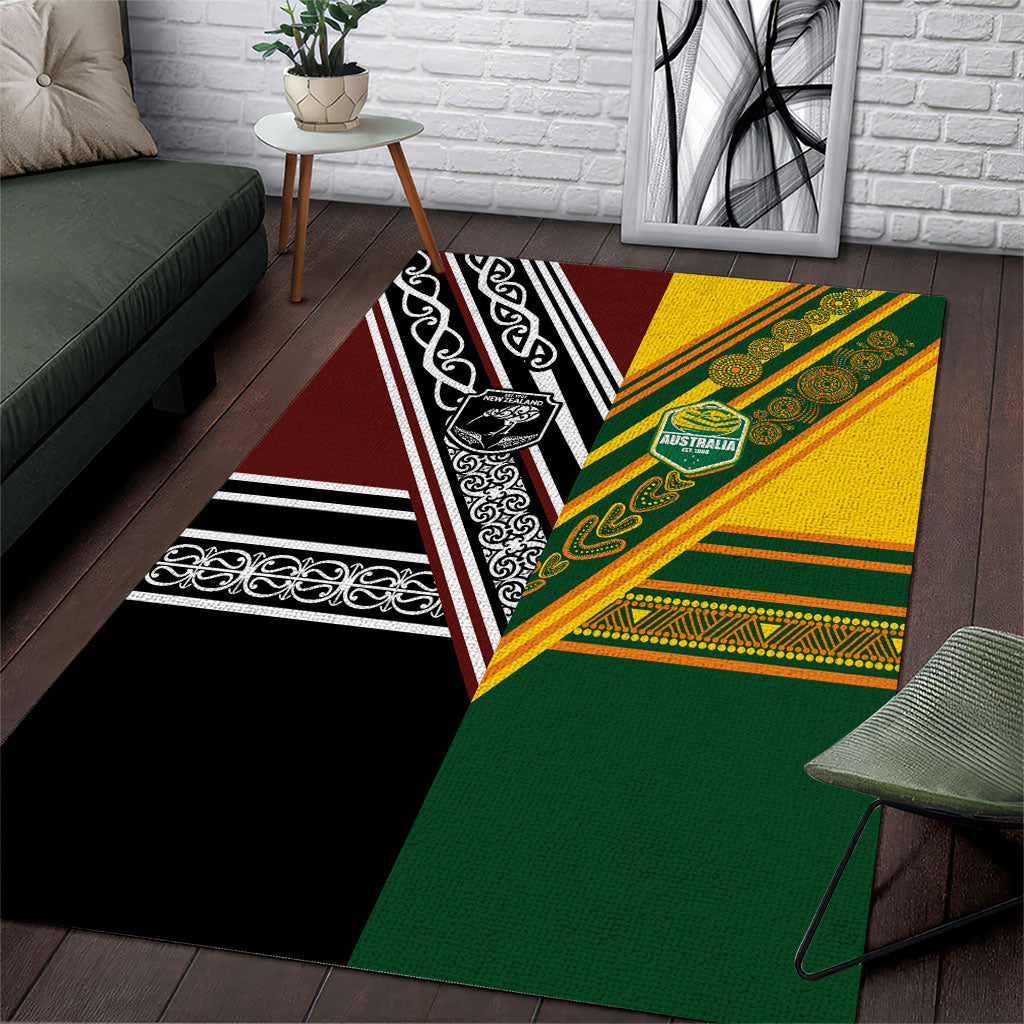 Rugby New Zealand and Australia Area Rug Burgundy Koru Geometric with Aboriginal Chevron Sport Style