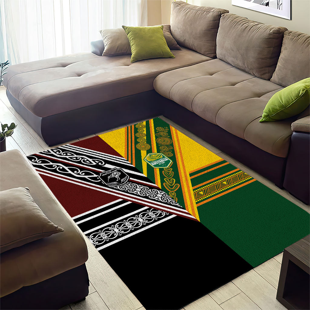 Rugby New Zealand and Australia Area Rug Burgundy Koru Geometric with Aboriginal Chevron Sport Style