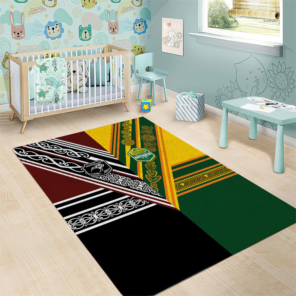 Rugby New Zealand and Australia Area Rug Burgundy Koru Geometric with Aboriginal Chevron Sport Style
