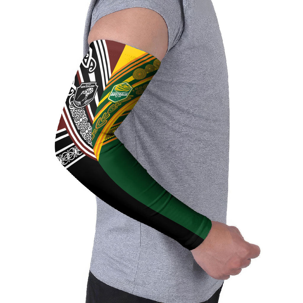 Custom Rugby New Zealand and Australia Arm Sleeves Burgundy Koru Geometric with Aboriginal Chevron Sport Style