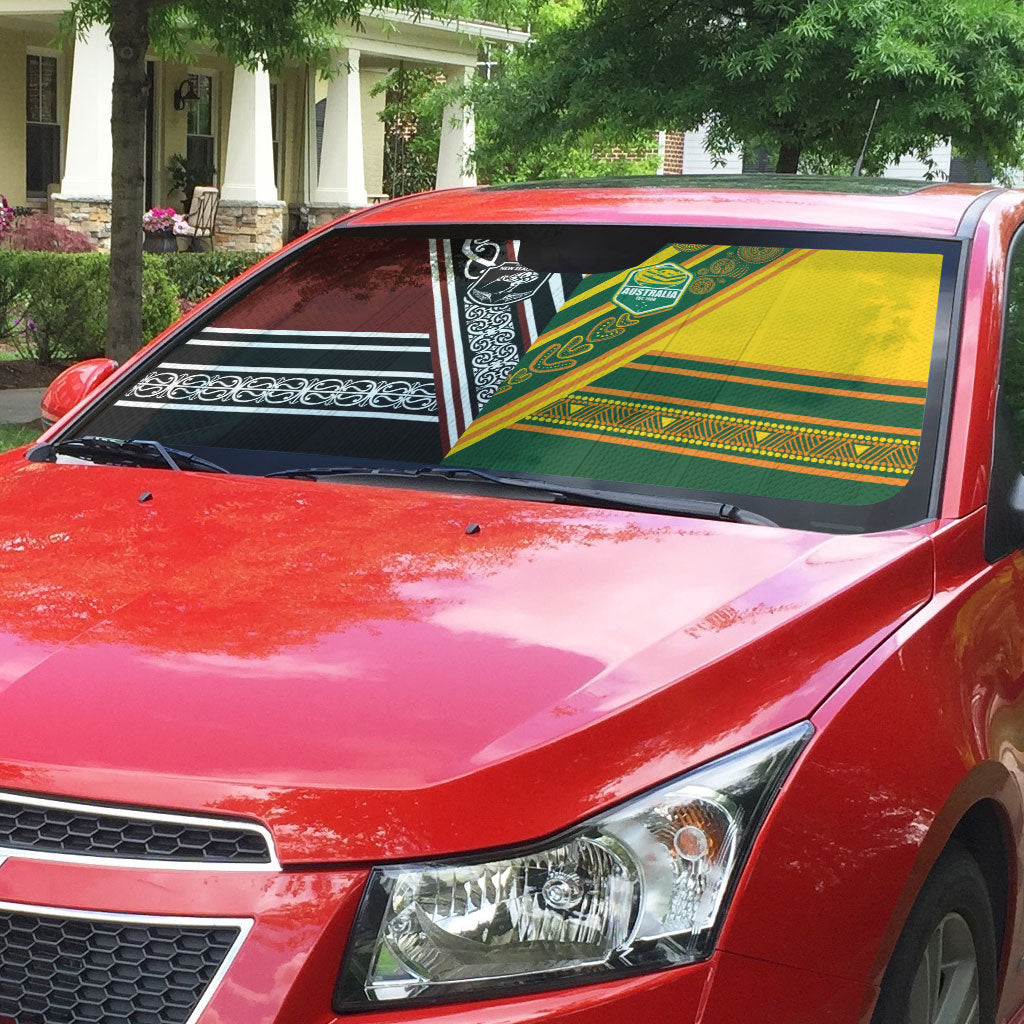 Rugby New Zealand and Australia Auto Sun Shade Burgundy Koru Geometric with Aboriginal Chevron Sport Style