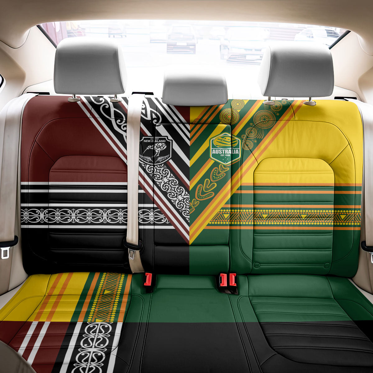 Rugby New Zealand and Australia Back Car Seat Cover Burgundy Koru Geometric with Aboriginal Chevron Sport Style