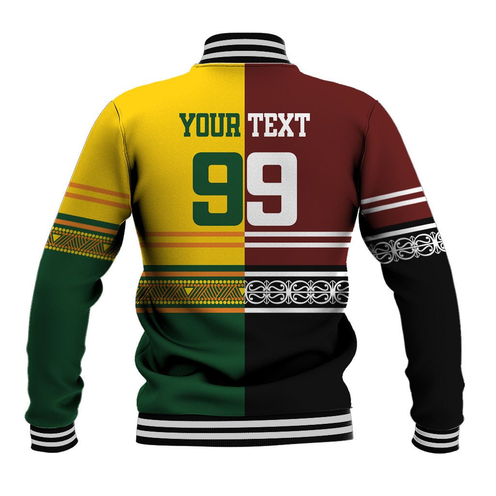 Custom Rugby New Zealand and Australia Baseball Jacket Burgundy Koru Geometric with Aboriginal Chevron Sport Style
